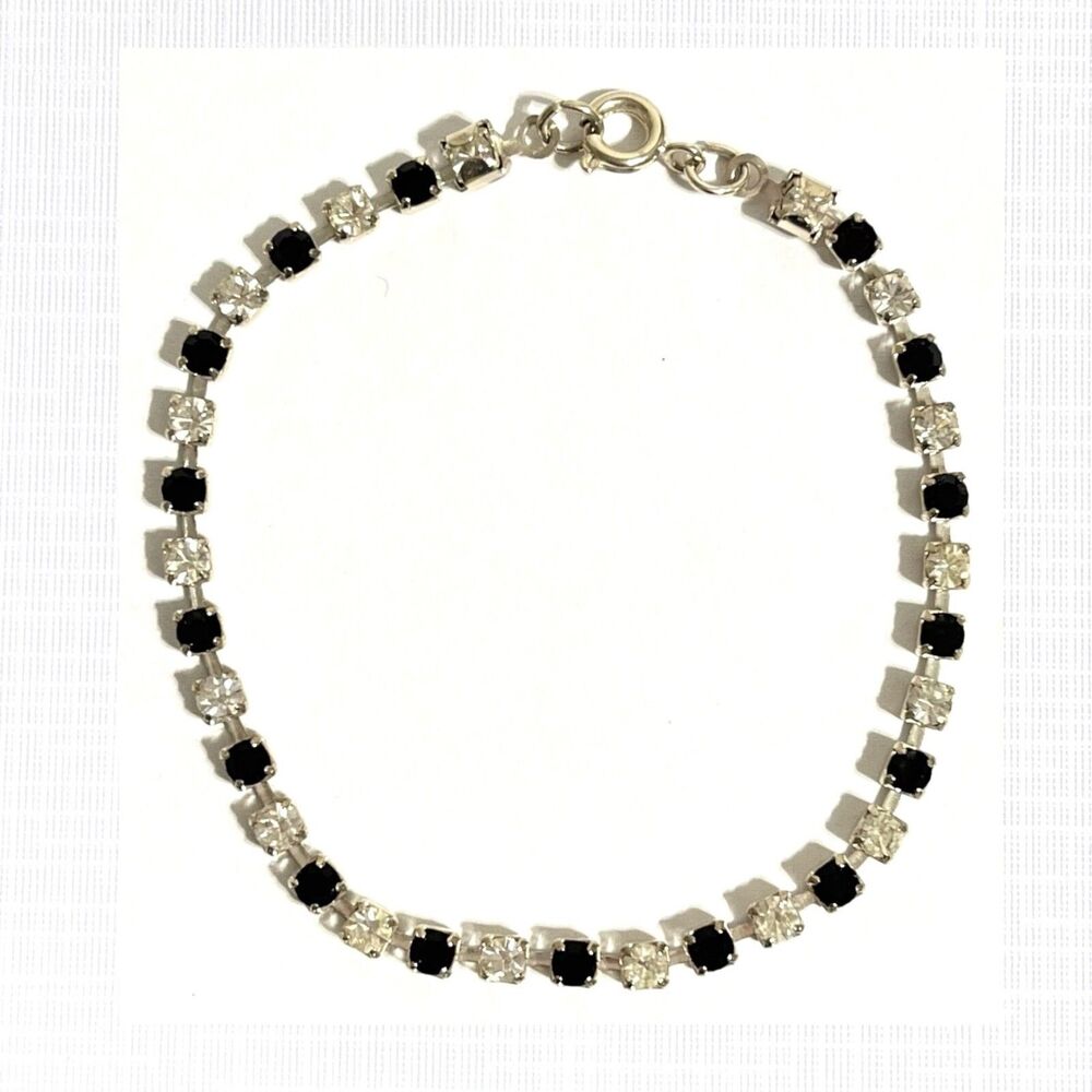 Vintage Tennis Bracelet Silver Tone Black White Rhinestone Dainty Evening Formal